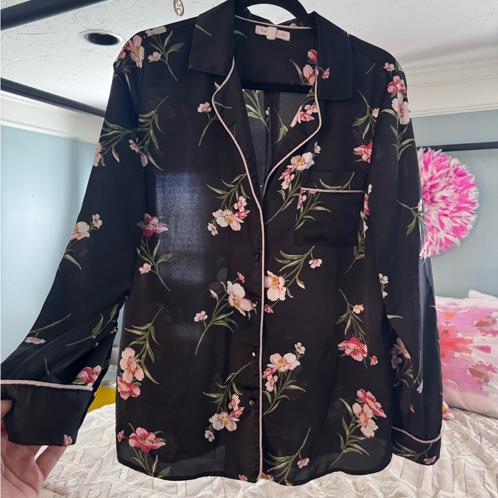 Socialite Black Floral Button-Down Pajama Shirt